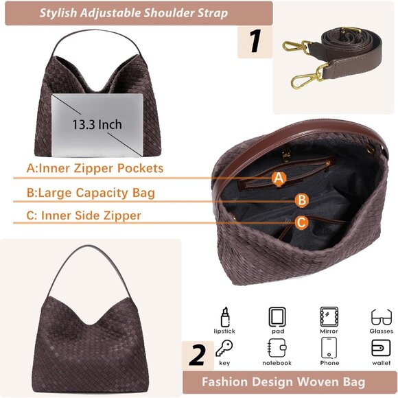 Women’s Faux Suede Hobo Tote Bag Large Brown Travel Crossbody Purse - Picture 3 of 6